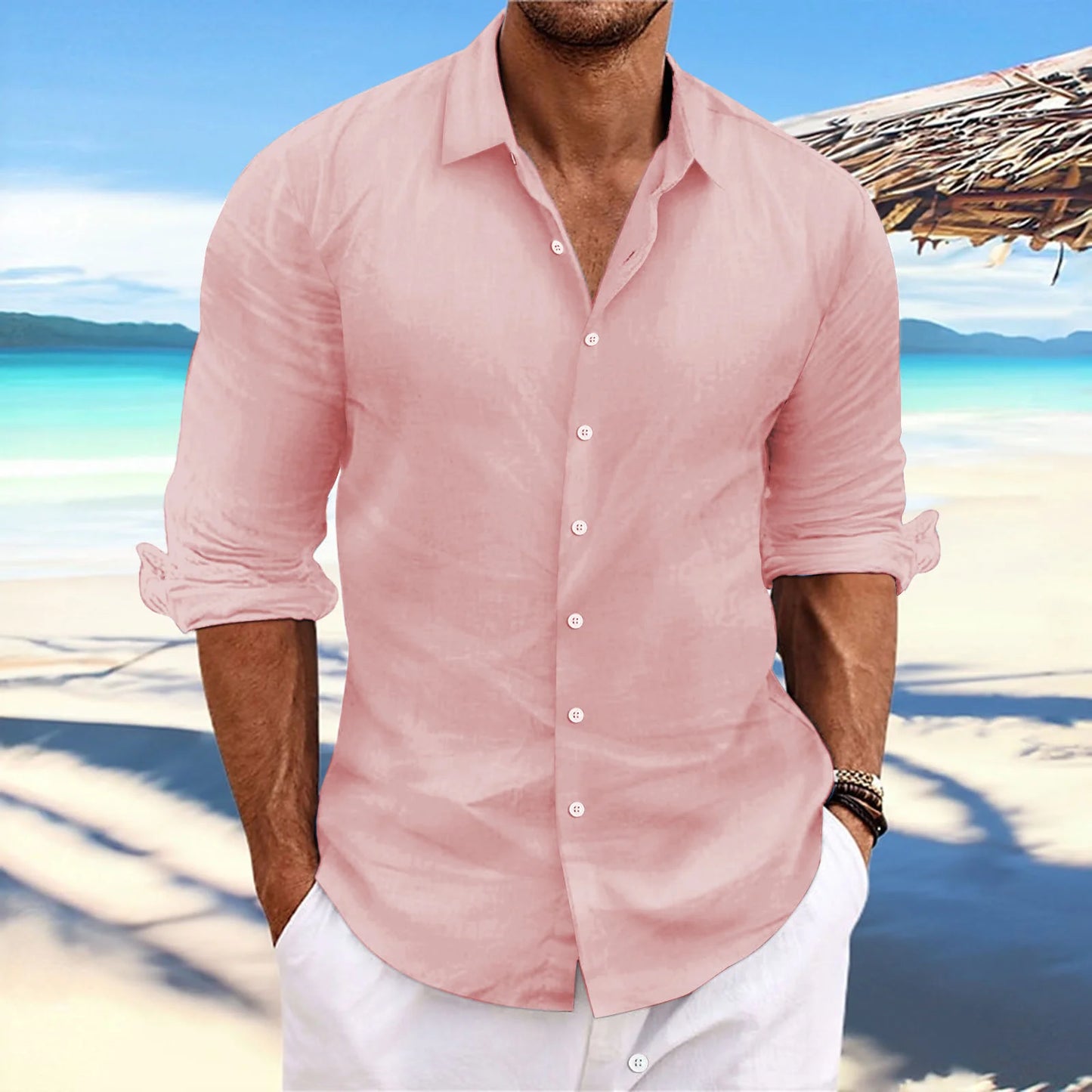 Men's Linen Long-Sleeved Shirts Spring Autumn 100%Cotton Solid Color Turn-down Collar Casual Style Plus