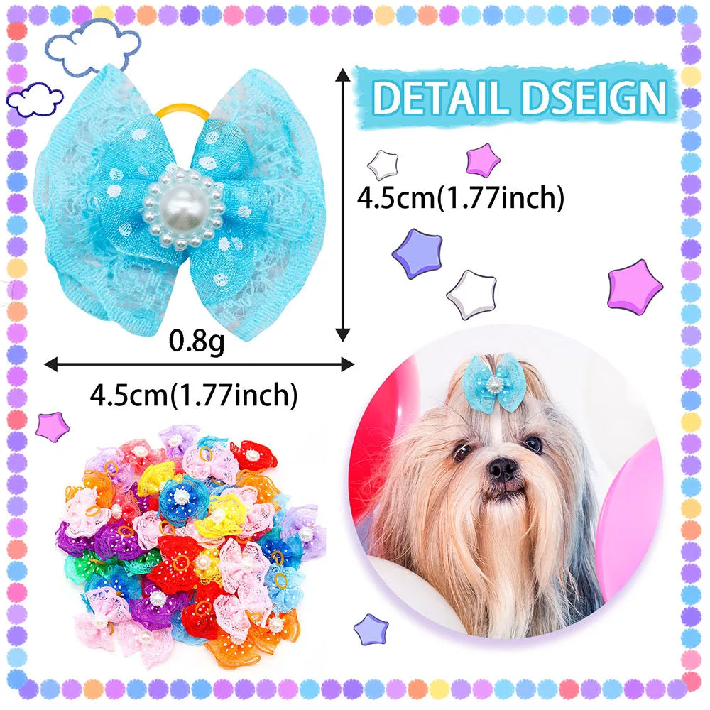 100pcs Bulk Pet Dog Hair Accessories Dog Hair Bows with Diomand Lace Rubber Band Grooming for Small Dogs Puppy Bows Pet Supplies