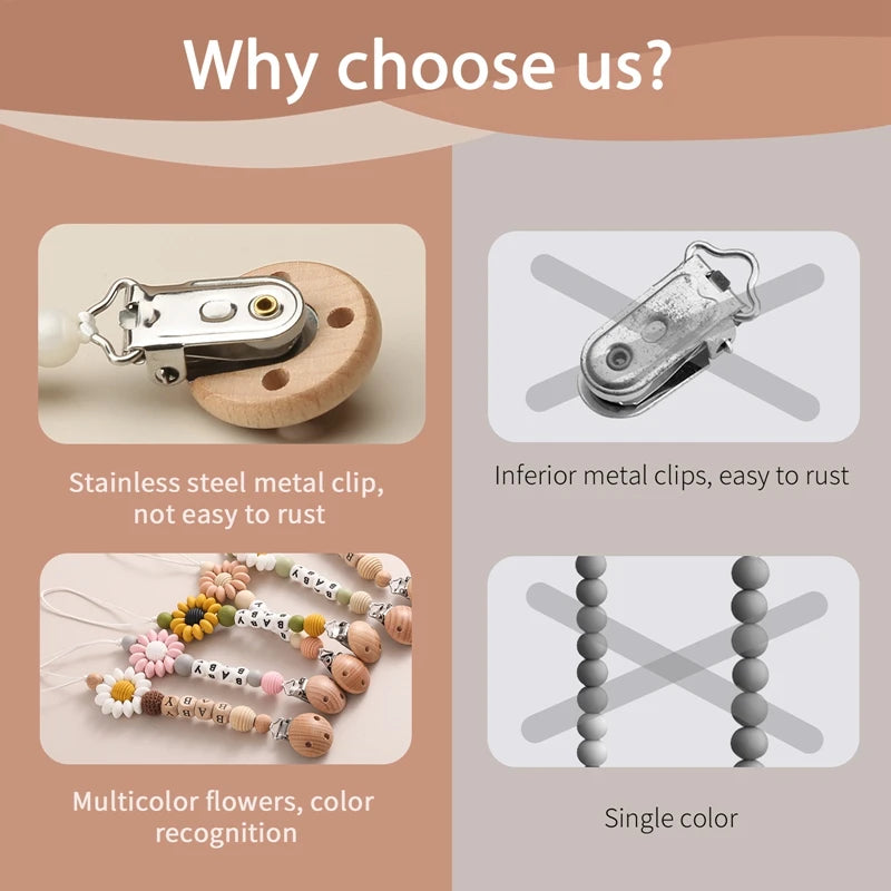 1pc Personalized Name Baby Pacifier Clips Chain Sunflower Wood Pacifier Clips Safe Teething Chain Soother Chew Toy Dummy Clips