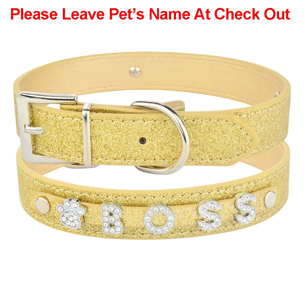 Personalized Dog Collar Leather Rhinestone Bling Charms Custom Pet Dogs Cat Name
