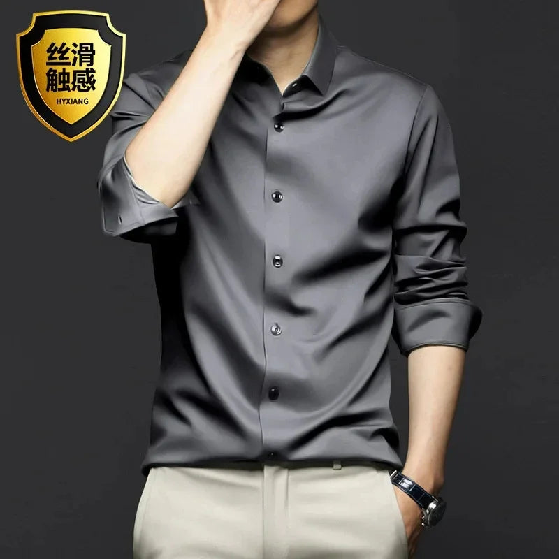 S-6XLHigh Quality Stretch Anti-Wrinkle Men Shirts Long Sleeve Dress Shirts For MaleSlim Social Business Blouse Solid Color Shirt