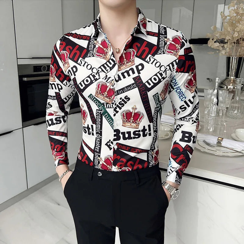 Luxury Long Sleeve Mens Baroque Shirts Dress Autumn Party Prom Wear Slim Fit Male Brand Clothing Striped Print Casual Shirt Men