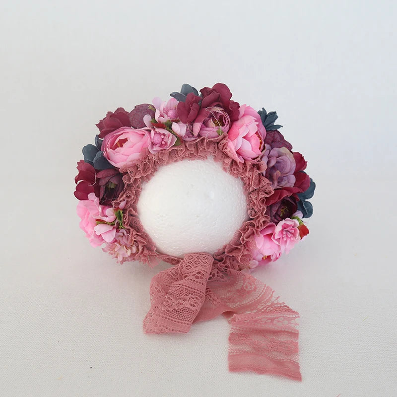 Vintage Newborn Floral Bonnet Baby girl Hat For Photography Knitted Newborn Garden Flower Bonnet For Photo Shoot Props