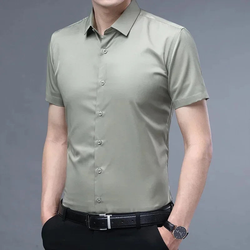 S-6XLHigh Quality Stretch Anti-Wrinkle Men Shirts Long Sleeve Dress Shirts For MaleSlim Social Business Blouse Solid Color Shirt