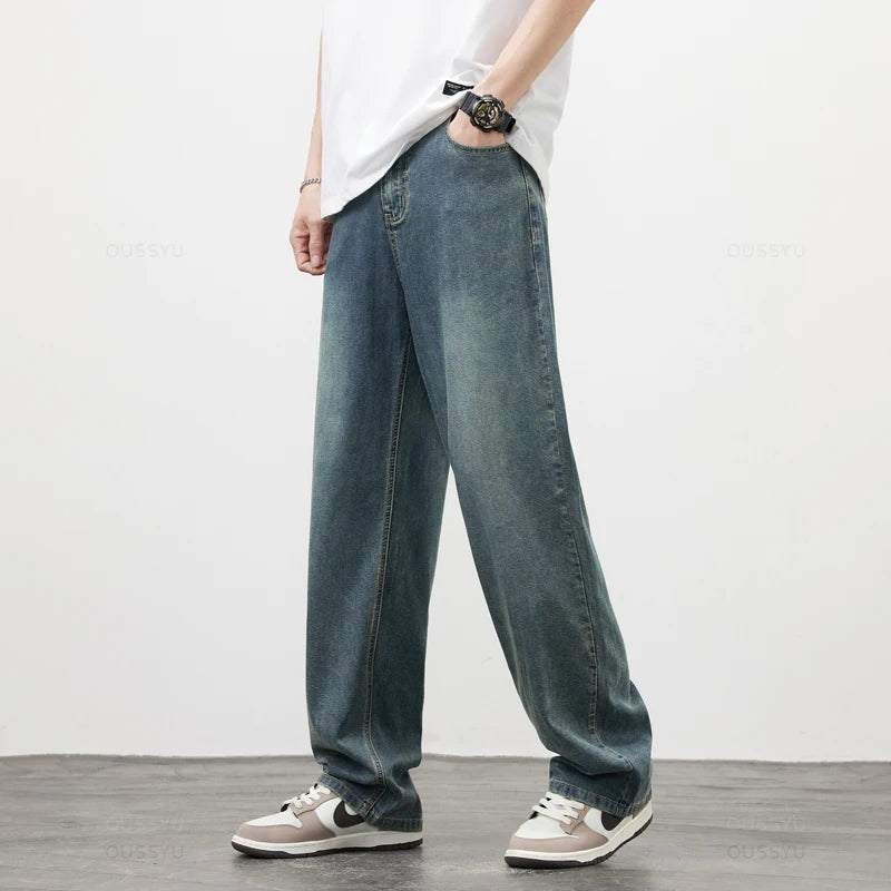 New Upgrade High Quality Soft Lyocell Fabric Jeans Men Summer Thin Loose Wide Leg Casual Pants Blue Retro Style Trousers Male