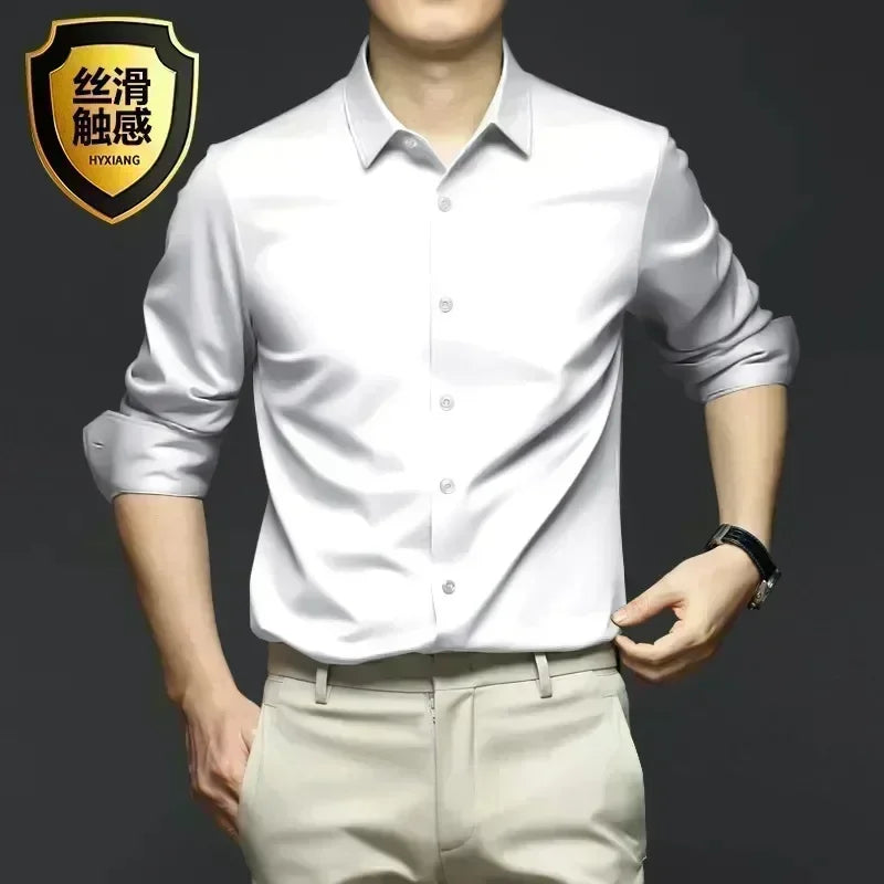 S-6XLHigh Quality Stretch Anti-Wrinkle Men Shirts Long Sleeve Dress Shirts For MaleSlim Social Business Blouse Solid Color Shirt