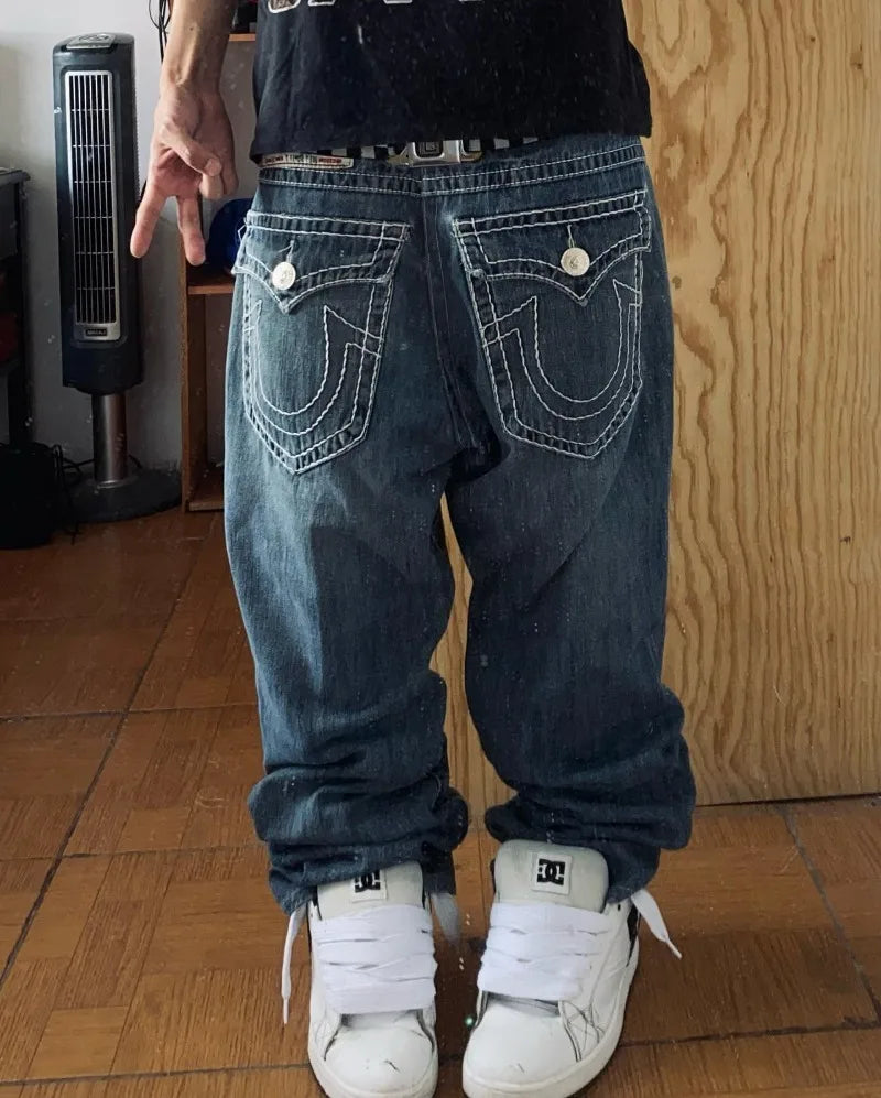 Y2K New Fashion Embroidered Solid Color Jeans Men Street Harajuku Hip Hop Gothic Casual Jeans Couple High Waist Wide Leg Pants