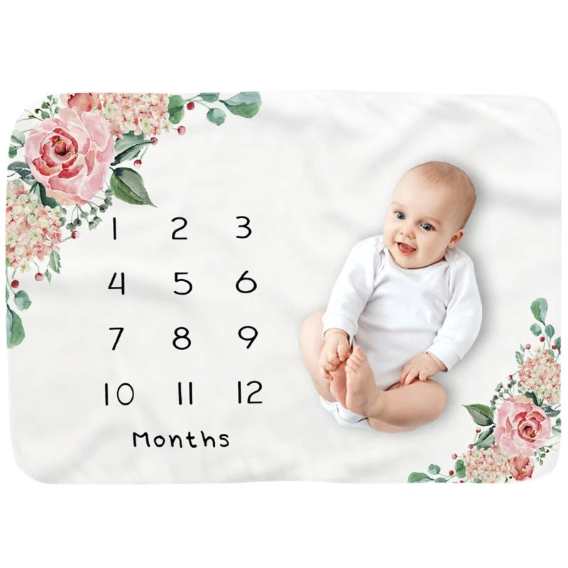 Baby Monthly Record Growth Milestone Blanket Newborn Soft Flannel Floral Printed Photography Props for Cloth 1560