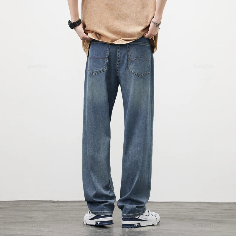 New Upgrade High Quality Soft Lyocell Fabric Jeans Men Summer Thin Loose Wide Leg Casual Pants Blue Retro Style Trousers Male