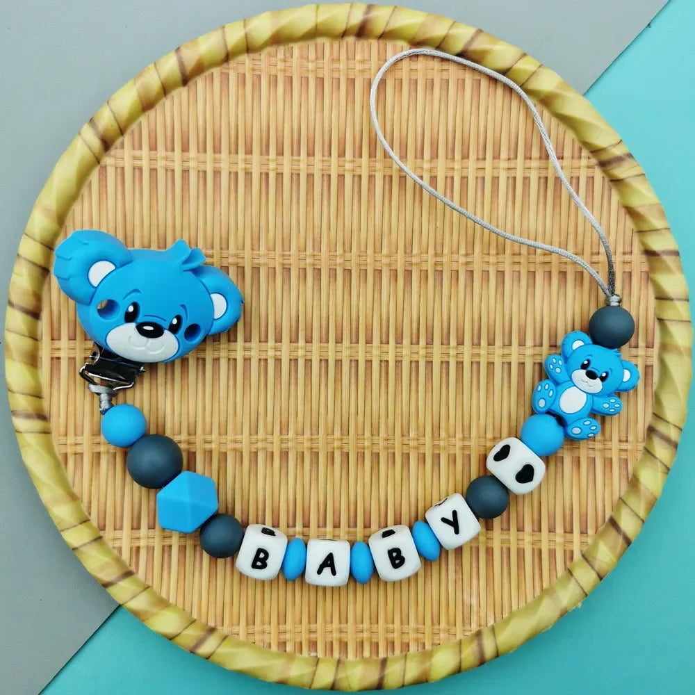 Custom English Russian Silicone Letter Name Baby Bear Silicone Beads Pendant Pacifier Clips Chains Teether Baby Kawaii Toy Gifts