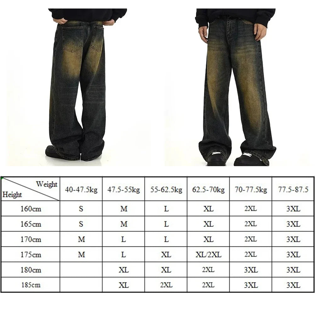 Male Jeans Mens Pants Regular Solid Color Straight Leg Pants Stylish Vintage Wash Baggy Y2k Fashion Streetwear