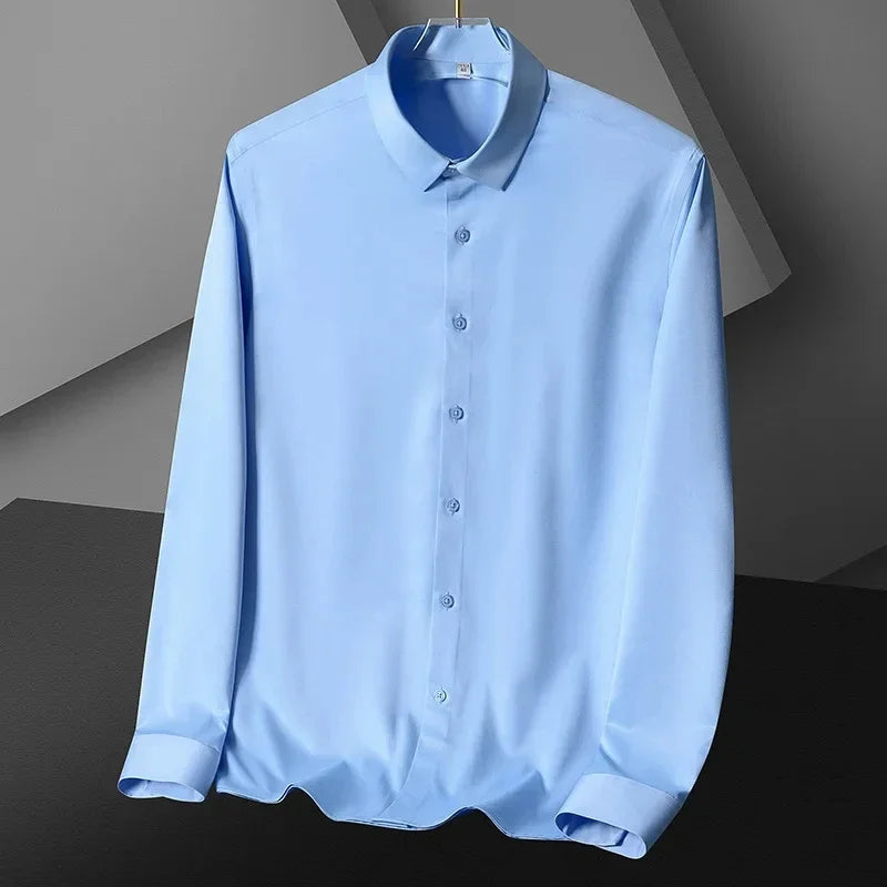S-6XLHigh Quality Stretch Anti-Wrinkle Men Shirts Long Sleeve Dress Shirts For MaleSlim Social Business Blouse Solid Color Shirt