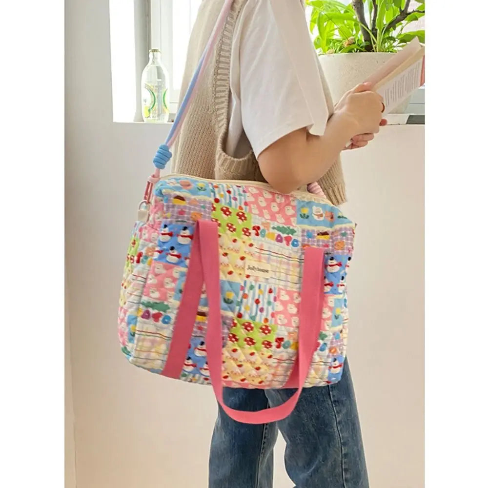 Colorful Pattern Baby Diaper Bag Detachable Straps Reusable Mommy Shoulder Bag Portable Quilted Cotton Crossbody Diaper Tote