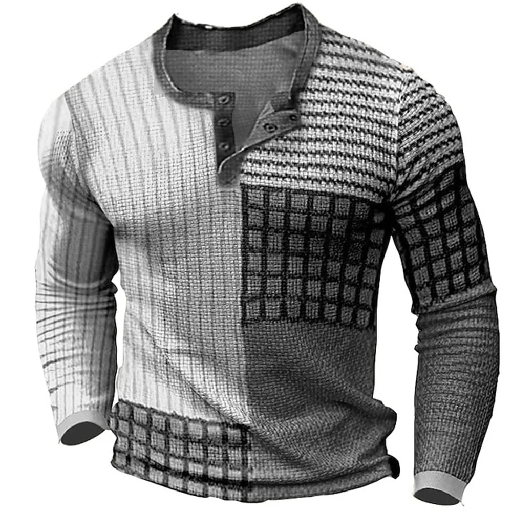 Men's Cotton T Shirt Color Block Graphic Tshirt Print Henley Shirt Oversized Apparel Outdoor Casual Long Sleeve Button Clothing