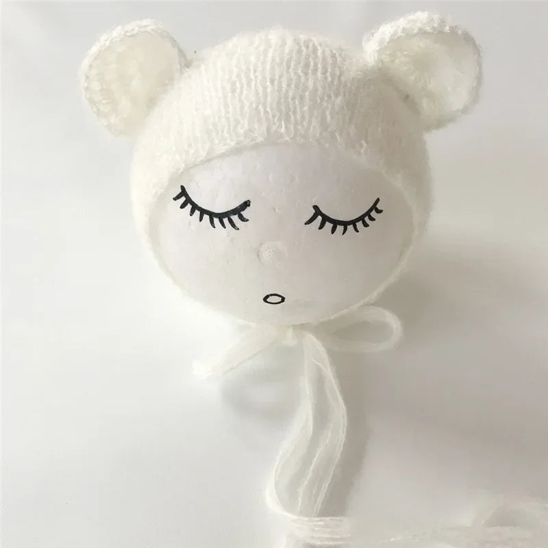 Newborn Mohair Ear Bear Hat Bonnet Baby Infant Photography Props Cap Gorro Bebe Handmade Knitted Hats Photo Accessories