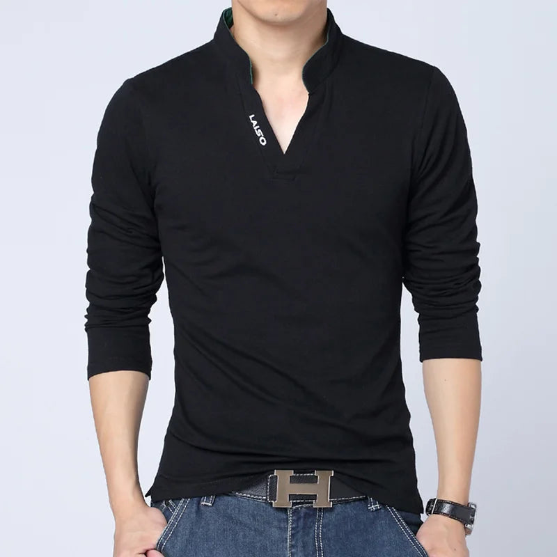 2024 New Fashion Men Cotton Polo Shirt, Leisure Stand Collar Long Sleeve Mens V Neck POLO Shirts, Asian Size Male T-shirt Top