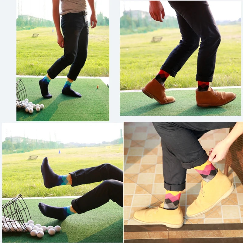 Men Socks Standard Casual Happy Socks High Quality Diamond Pattern Cotton Socks 10 Colors Couple suit Men's plus size socks