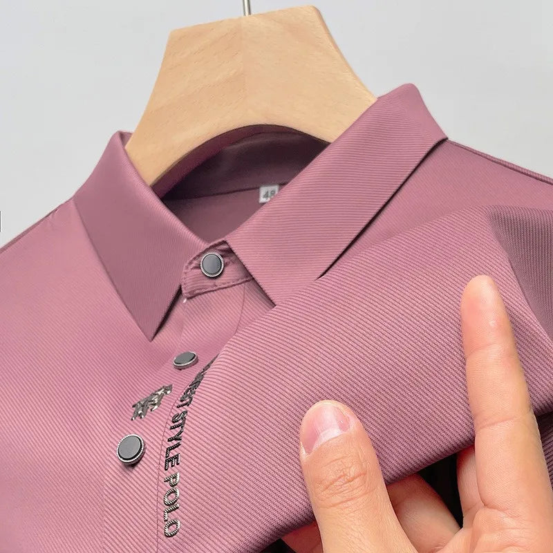 Ice Silk Embroidered Polo Shirt 2023 New Autumn/summer Polo Neck Elastic T-shirt Korean Fashion Short Sleeve Casual Men's Clothi