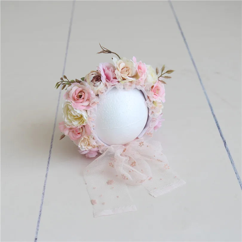 Vintage Newborn Floral Bonnet Baby girl Hat For Photography Knitted Newborn Garden Flower Bonnet For Photo Shoot Props
