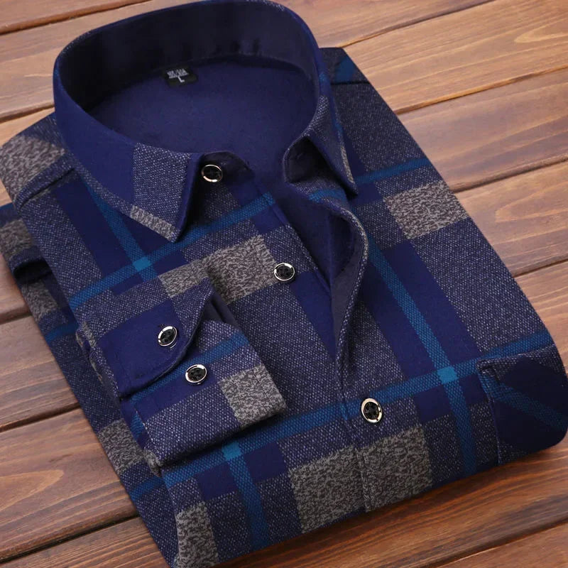 2024 Men's Autumn Winter Casual Fleece Plaid Shirt Fashion Soft Warm Turn Down Collar Long Sleeve Shirt Male High-Quality Tops