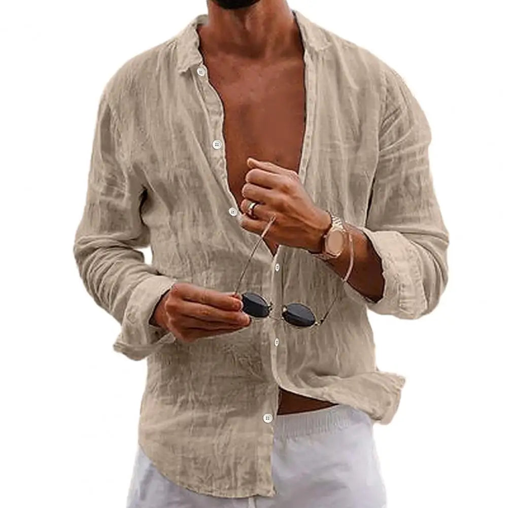 Cotton Linen Men Lapel Long Sleeve Shirt Tops Pleated Thin Solid Color Single Breasted V-neck Casual Shirt Tops Breathable Shirt