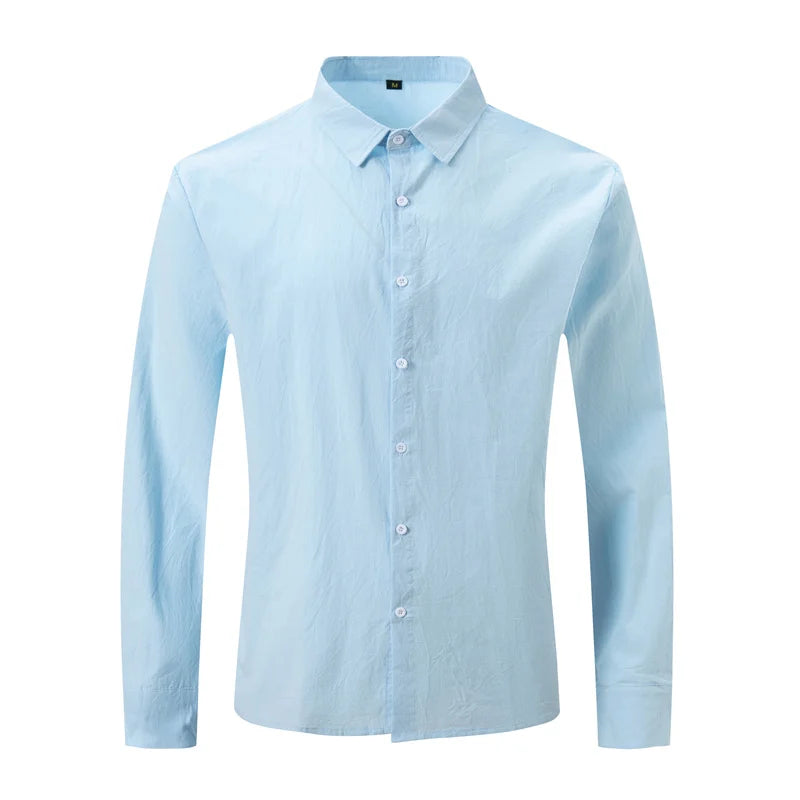 Men's Linen Long-Sleeved Shirts Spring Autumn 100%Cotton Solid Color Turn-down Collar Casual Style Plus