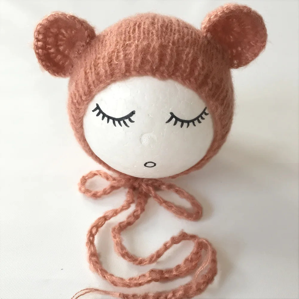 Newborn Mohair Ear Bear Hat Bonnet Baby Infant Photography Props Cap Gorro Bebe Handmade Knitted Hats Photo Accessories