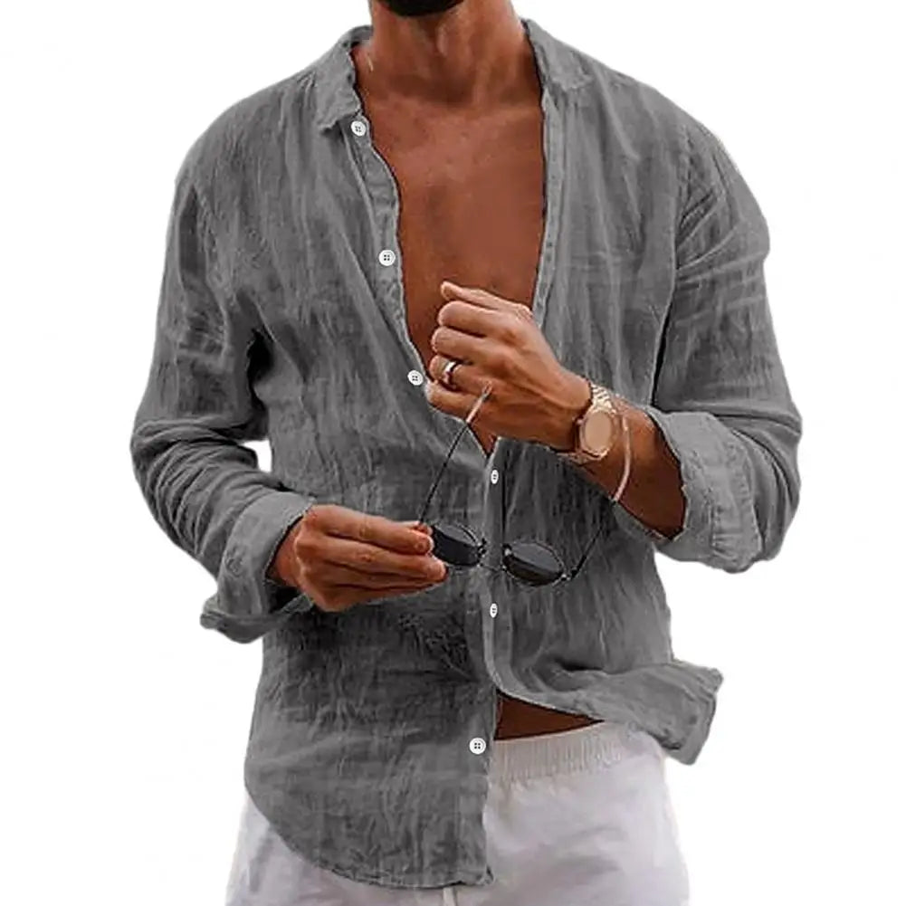 Cotton Linen Men Lapel Long Sleeve Shirt Tops Pleated Thin Solid Color Single Breasted V-neck Casual Shirt Tops Breathable Shirt