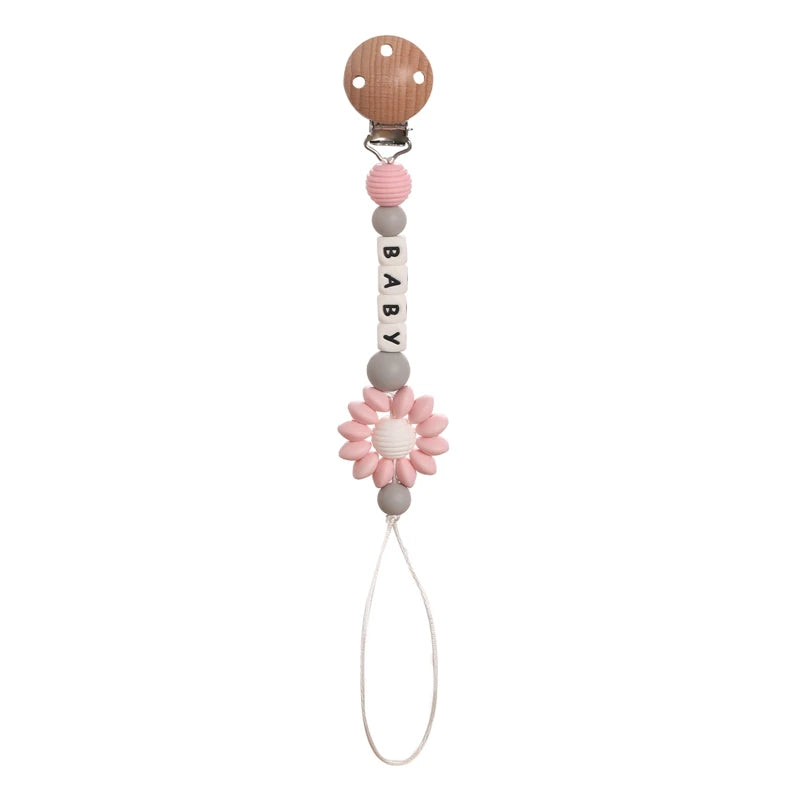 1pc Personalized Name Baby Pacifier Clips Chain Sunflower Wood Pacifier Clips Safe Teething Chain Soother Chew Toy Dummy Clips