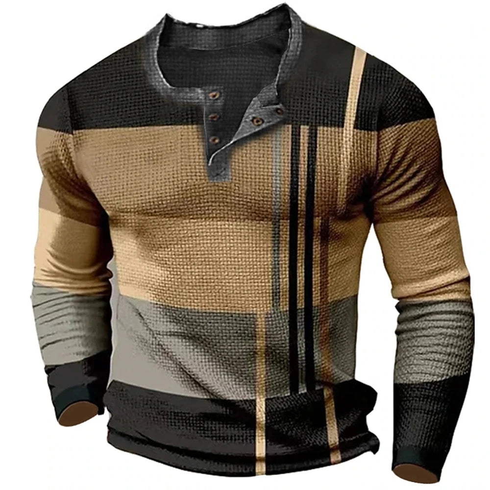 Men's Cotton T Shirt Color Block Graphic Tshirt Print Henley Shirt Oversized Apparel Outdoor Casual Long Sleeve Button Clothing