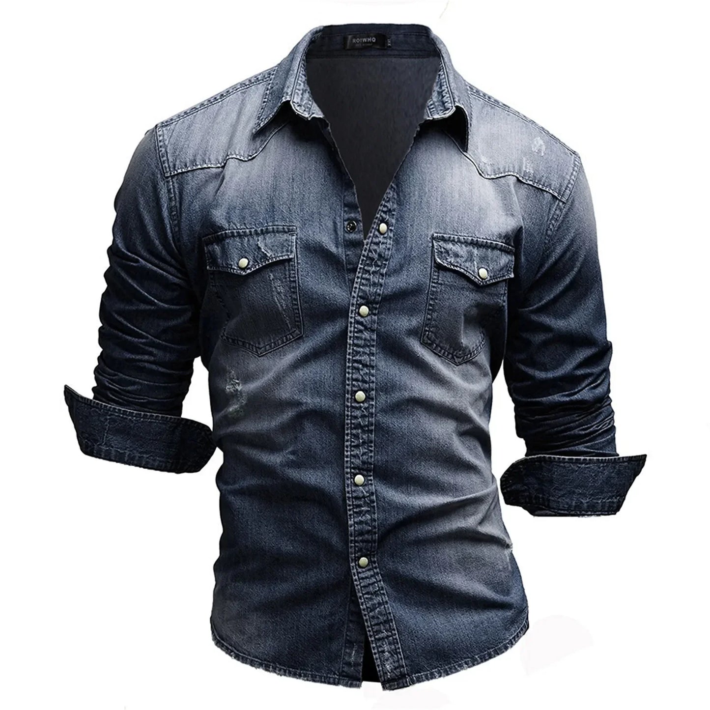 Elastic Cotton Denim Shirt Men Long Sleeve Cowboy Shirts Solid Color Pocket Shirts For Men Casual Slim Fit Jeans Shirts Chemise
