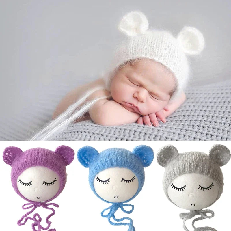 Newborn Mohair Ear Bear Hat Bonnet Baby Infant Photography Props Cap Gorro Bebe Handmade Knitted Hats Photo Accessories