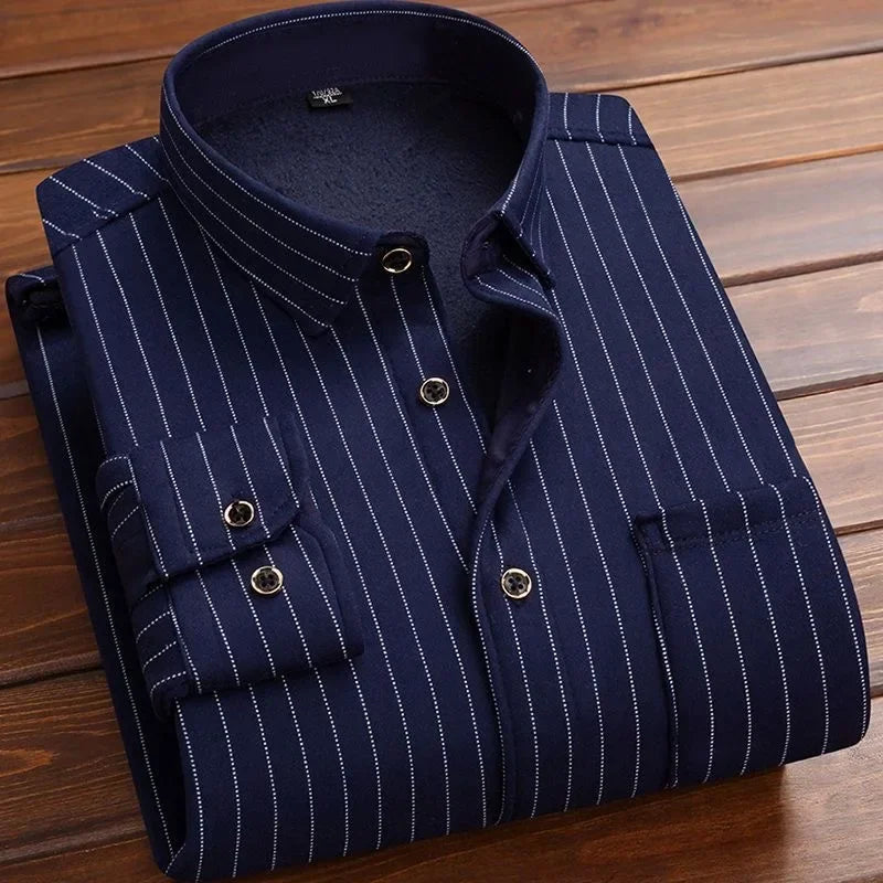 2024 Men's Autumn Winter Casual Fleece Plaid Shirt Fashion Soft Warm Turn Down Collar Long Sleeve Shirt Male High-Quality Tops