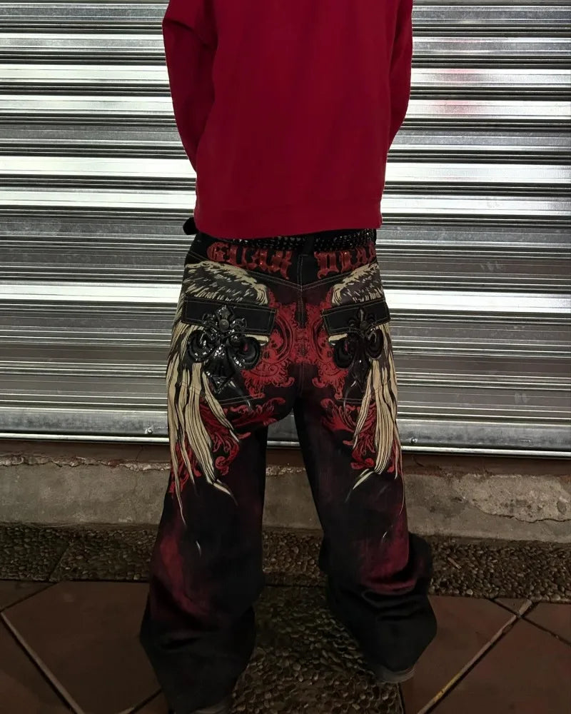 Y2K Harajuku Fashion Letter Embroidery Oversized Printed Baggy Jeans Men Street Retro Casual Gothic High Waist Wide Leg Trousers