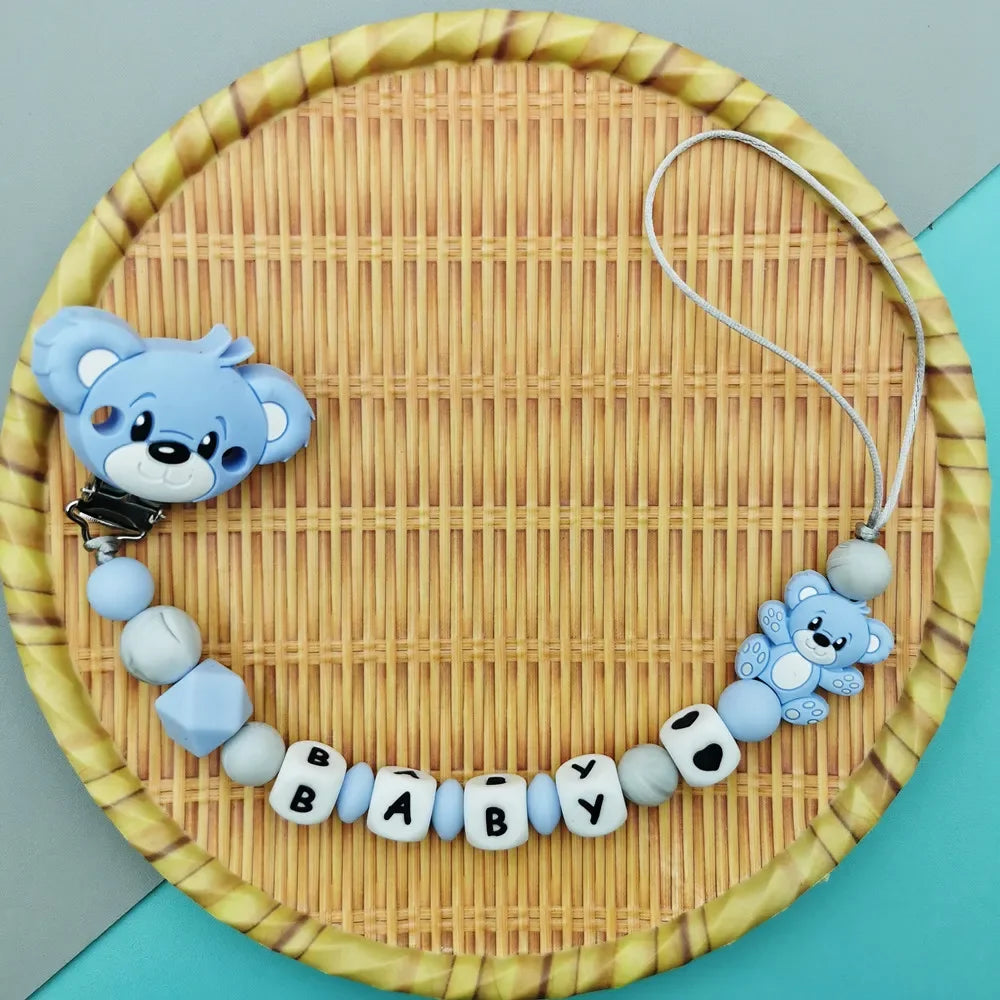 Custom English Russian Silicone Letter Name Baby Bear Silicone Beads Pendant Pacifier Clips Chains Teether Baby Kawaii Toy Gifts