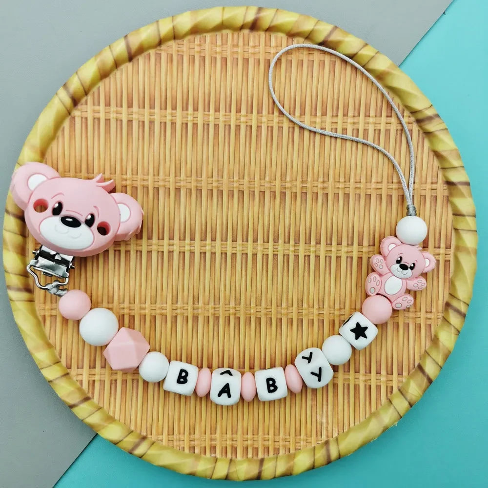 Custom English Russian Silicone Letter Name Baby Bear Silicone Beads Pendant Pacifier Clips Chains Teether Baby Kawaii Toy Gifts