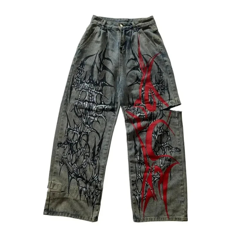 Y2K New Fashion Embroidered Solid Color Jeans Men Street Harajuku Hip Hop Gothic Casual Jeans Couple High Waist Wide Leg Pants