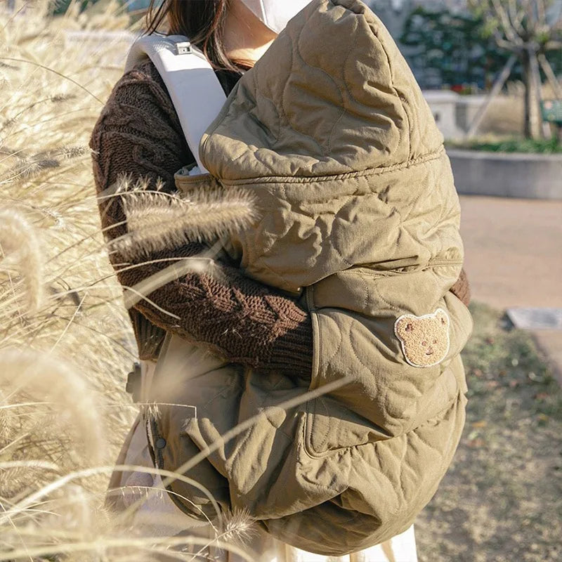 Cartoon Bear Baby Stroller Blanket Cover Korean Thicken Newborn Swaddle Wrap Hooded Cloak Cape Windproof Infant Sleeping Quilt
