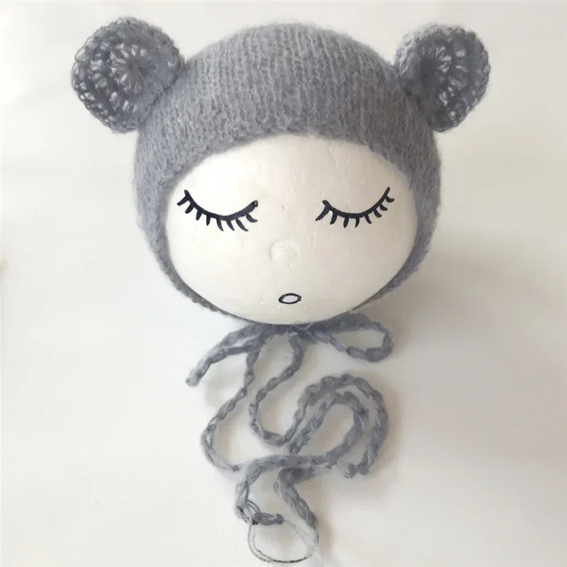 Newborn Mohair Ear Bear Hat Bonnet Baby Infant Photography Props Cap Gorro Bebe Handmade Knitted Hats Photo Accessories