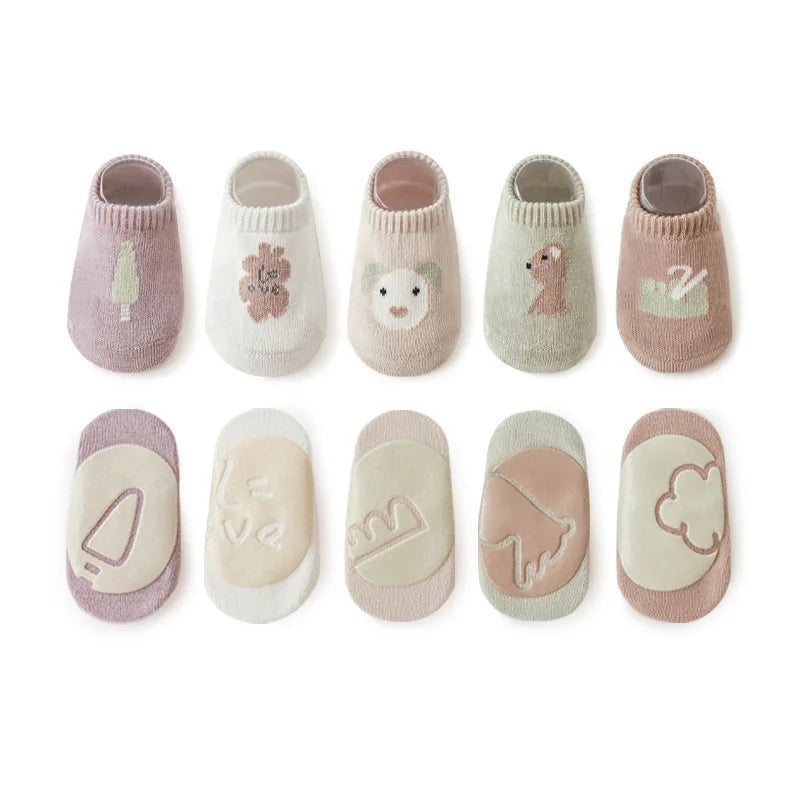 5Pairs/lot 2024 New 0-5Years Anti-slip Non Skid Ankle Socks With Grips For Baby Toddler Kids Boys Girls All Seasons Cotton Socks