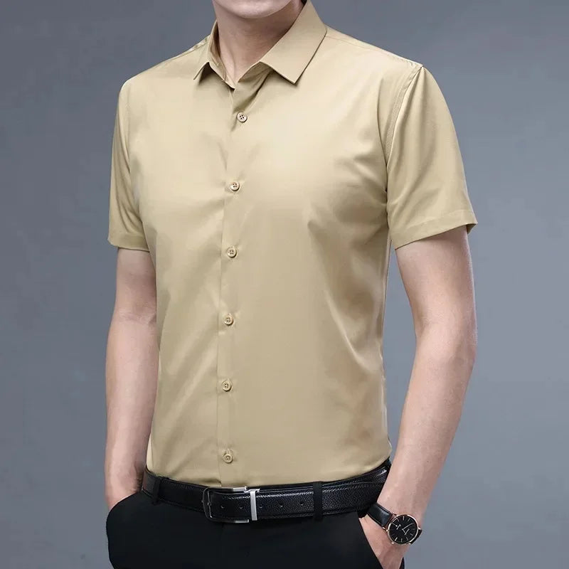 S-6XLHigh Quality Stretch Anti-Wrinkle Men Shirts Long Sleeve Dress Shirts For MaleSlim Social Business Blouse Solid Color Shirt