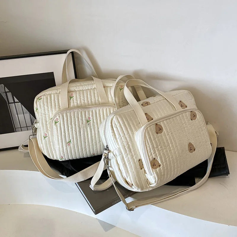 Cute Bear Flower Embroidery Pattern Baby Beige Cotton Fabric Zipper Diaper Handbag New Luggage Bag