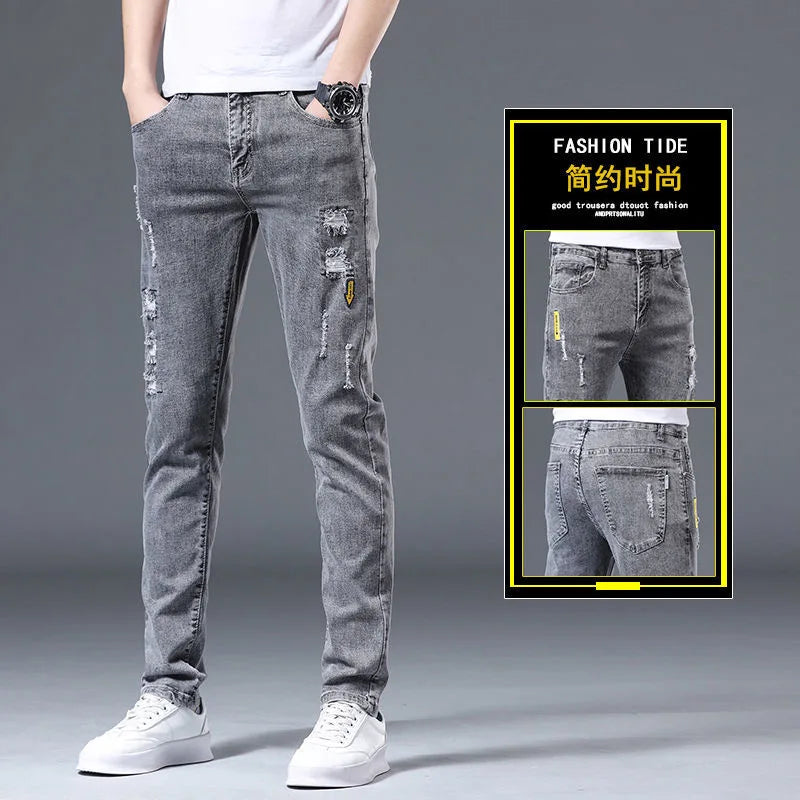 2023 Spring and Autumn New Classic Fashion Solid Color Elastic Jeans Men's Casual Slim Breathable High-Quality Small Feet Pants