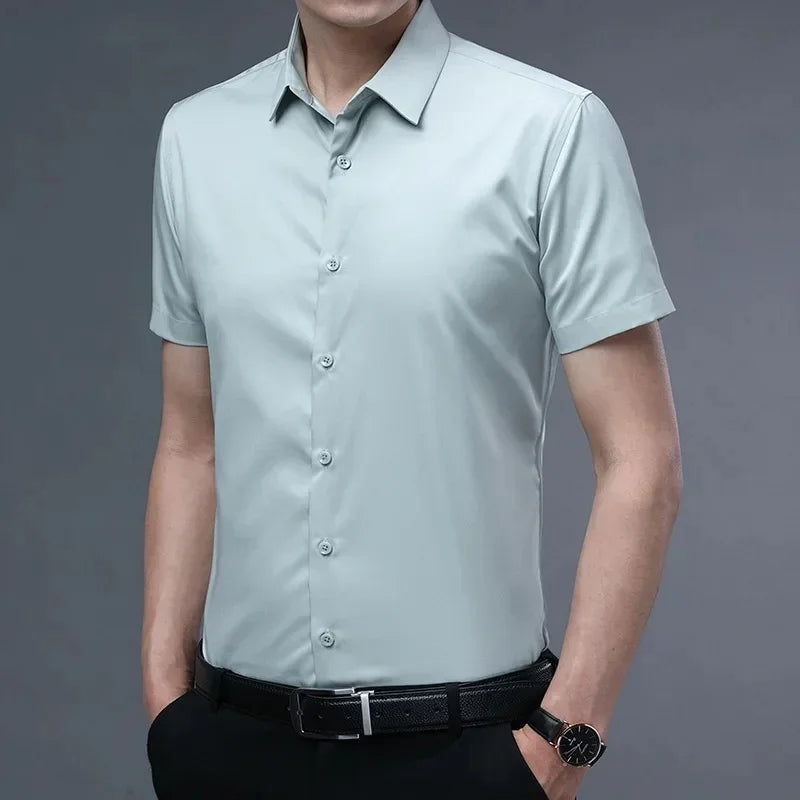 S-6XLHigh Quality Stretch Anti-Wrinkle Men Shirts Long Sleeve Dress Shirts For MaleSlim Social Business Blouse Solid Color Shirt
