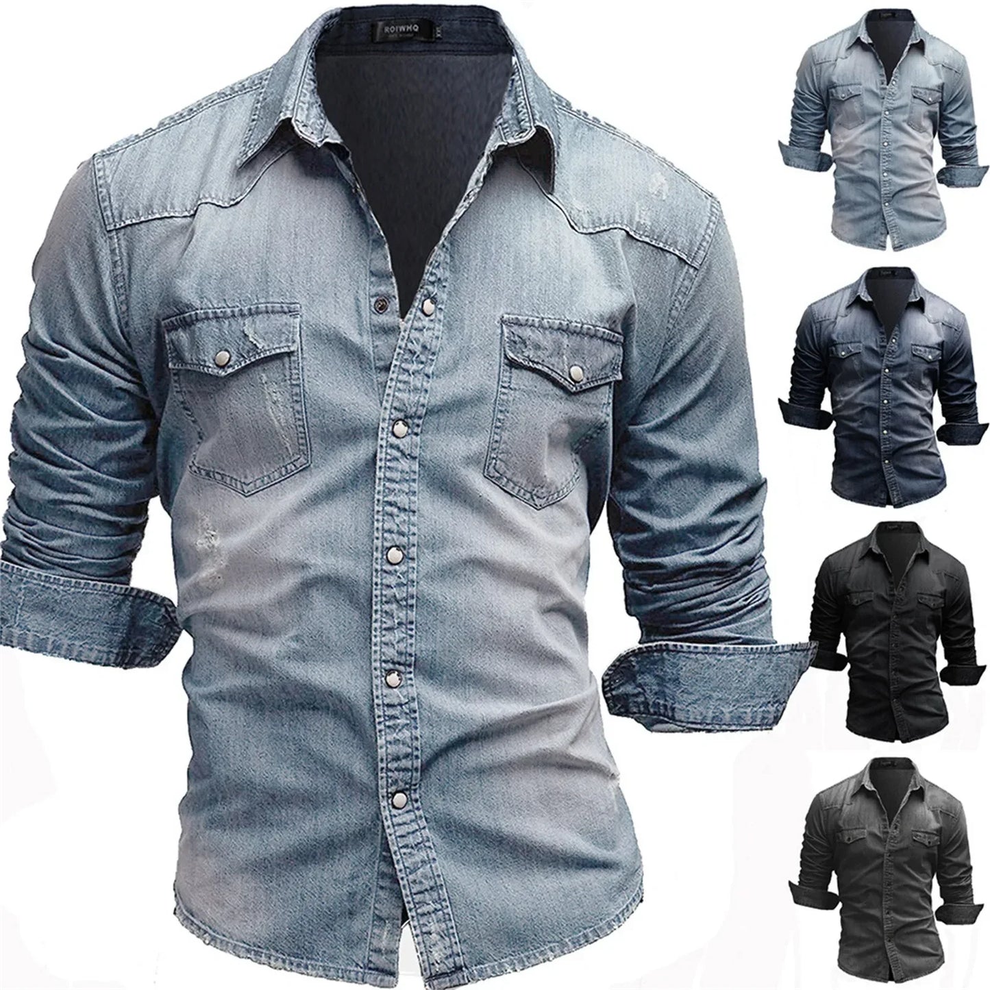 Elastic Cotton Denim Shirt Men Long Sleeve Cowboy Shirts Solid Color Pocket Shirts For Men Casual Slim Fit Jeans Shirts Chemise