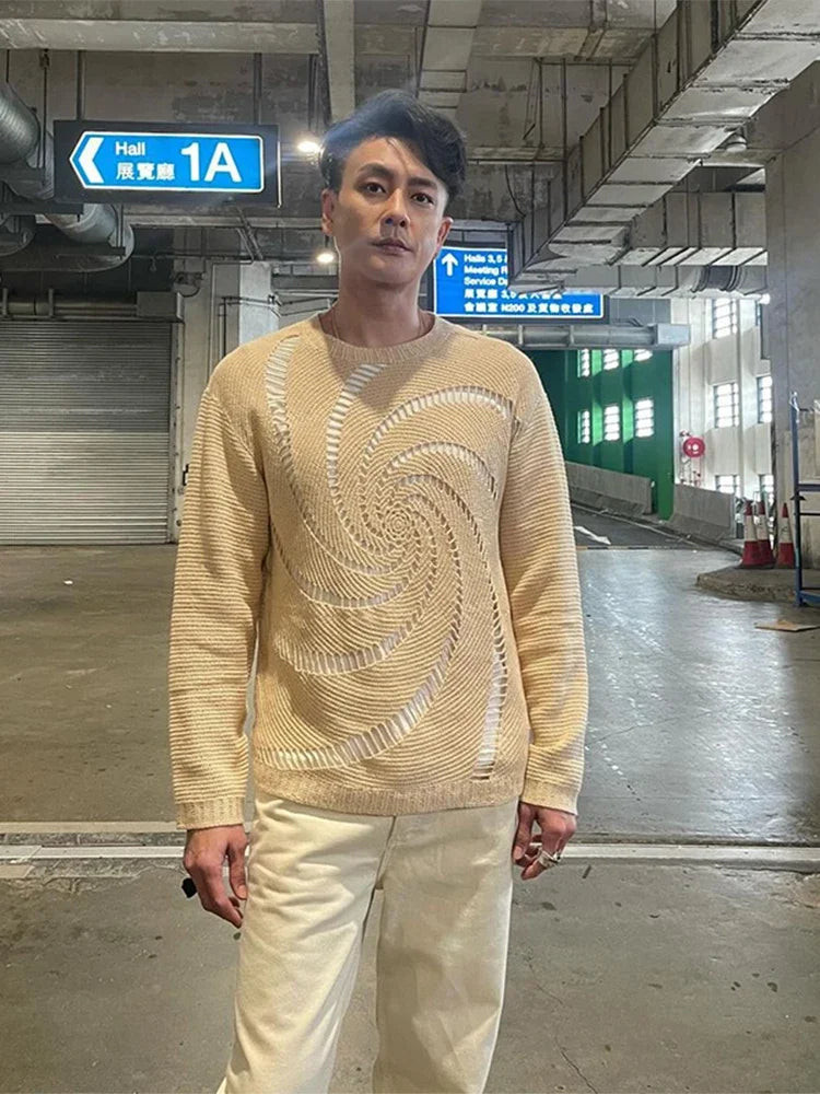 Fashion Vortex Pattern Hollow Out Knitted Sweater Men Trendy Brand O-neck Pullover Spring Autumn High Street Casual Knitwear