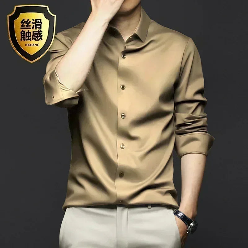 S-6XLHigh Quality Stretch Anti-Wrinkle Men Shirts Long Sleeve Dress Shirts For MaleSlim Social Business Blouse Solid Color Shirt