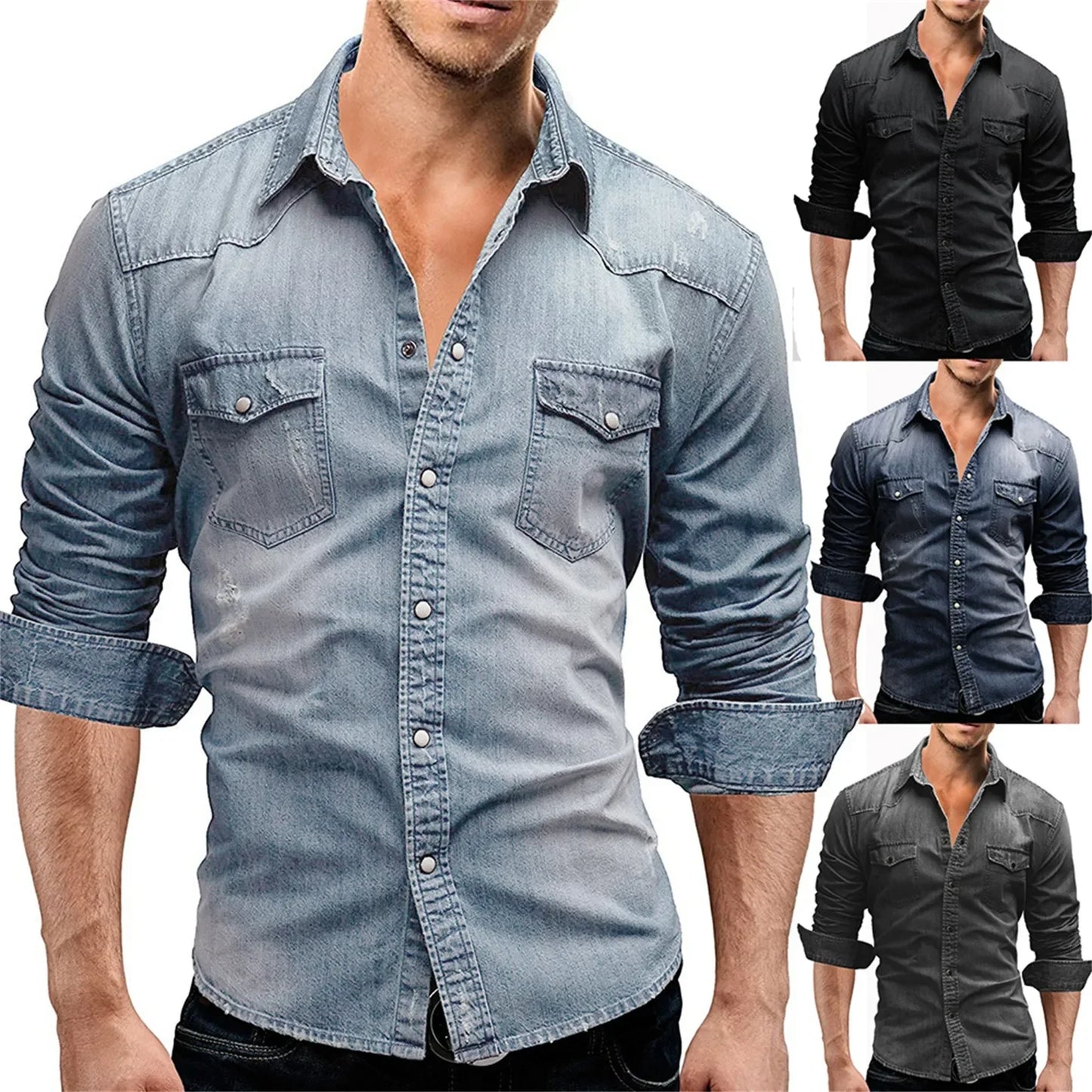 Elastic Cotton Denim Shirt Men Long Sleeve Cowboy Shirts Solid Color Pocket Shirts For Men Casual Slim Fit Jeans Shirts Chemise