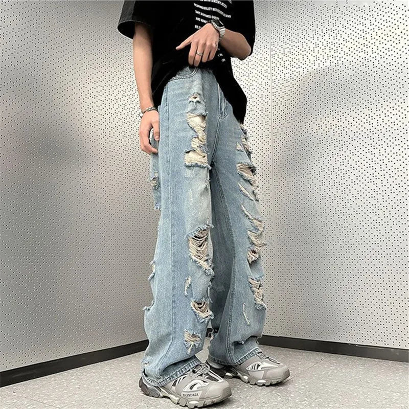 High Street Ripped Jeans Men's Clothing Solid Color Y2K Wide Leg Pants Spring Summer Button Pocket Loose Trousers A048