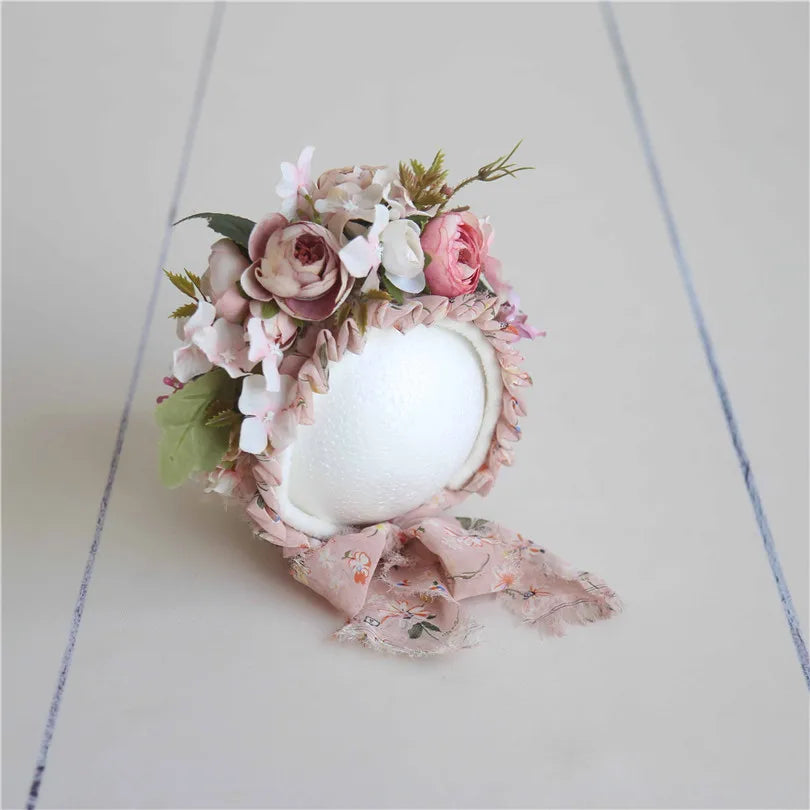 Vintage Newborn Floral Bonnet Baby girl Hat For Photography Knitted Newborn Garden Flower Bonnet For Photo Shoot Props